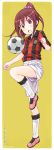  :o ball blush brown_eyes brown_hair copyright_request focke_wulf ginga_e_kickoff!! highres leg_up ponytail shorts simple_background soccer_ball soccer_uniform solo takatoo_erika watermark web_address yellow_background 