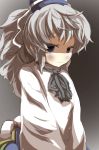  blush commentary commentary_request gaoo_(frpjx283) gradient gradient_background grey_eyes grey_hair hat highres japanese_clothes kariginu light_smile long_hair long_sleeves looking_at_viewer mononobe_no_futo ponytail silver_hair smile solo tate_eboshi touhou v_arms 