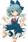  bad_id blue_eyes blue_hair bow cirno dress hair_bow henki_(orange) highres ice ice_wings puffy_sleeves short_hair short_sleeves smile solo touhou wings 