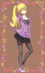  blonde_hair frilled_skirt hand_on_hip head_tilt heart highres hoodie kissshot_acerolaorion_heartunderblade long_hair long_sleeves monogatari_(series) nisemonogatari oshino_shinobu pantyhose pitecube pointy_ears shoes side_ponytail skirt solo teenage yellow_eyes 