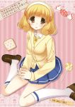  ameya_kirika blonde_hair blush candy cardigan food hairband highres kise_yayoi kneehighs loafers lollipop looking_at_viewer open_mouth precure shoes short_hair sitting skirt smile_precure! solo yellow_eyes 