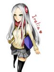  1girl aleron alternate_costume blush character_name green_eyes hair_ornament highres irelia league_of_legends long_hair scarf silver_hair skirt solo strap sweater thigh-highs thighhighs 