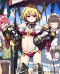  armor black_legwear blonde_hair blush breasts closed_eyes eyes_closed gauntlets greaves lena_(zoal) looking_at_viewer maid maid_headdress multiple_girls navel palm_tree red_eyes shingeki_no_bahamut short_hair smile swimsuit sword thigh-highs thighhighs tiara tree umbrella weapon 