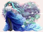  aqua_eyes aqua_hair bare_shoulders black_legwear bouquet crown dress flower happy_birthday hatsune_miku high_heels holding koromono long_hair looking_at_viewer musical_note open_mouth pantyhose rose shoes smile solo twintails very_long_hair vocaloid 