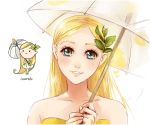  1girl bare_arms blonde_hair blue_eyes blush_stickers bust chibi collarbone dress dual_persona food_themed_clothes hair_ornament holding leaf leaf_on_head lemonade light_smile lips long_hair meago original parted_lips personification portrait rough signature solo strapless_dress umbrella very_long_hair white_background yellow_dress 