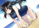  all_fours animal_ears barefoot beach black_eyes black_hair blush dutch_angle hattori_shizuka long_hair looking_at_viewer one-piece_swimsuit ponytail rough satou_atsuki school_swimsuit sky smile solo strike_witches sunlight swimsuit tail water 