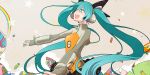  aqua_eyes aqua_hair bitte hatsune_miku headphones long_hair odds_&amp;_ends_(vocaloid) open_mouth outstretched_arms project_diva_f solo twintails very_long_hair vocaloid 
