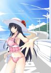  :d bag bikini bird black_eyes black_hair copyright_request dean flower flower_on_head hat hat_flower hibiscus highres lamppost lampposts mizugi ocean open_mouth pink_bikini road seagull seaside sky smile swimsuit 