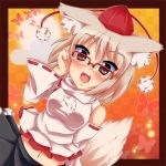  animal_ears bad_id bespectacled blush detached_sleeves glasses hat ikue_fuuji inubashiri_momiji navel open_mouth over-rim_glasses red-framed_glasses red_eyes semi-rimless_glasses short_hair silver_hair solo tail tokin_hat touhou wide_sleeves wolf_ears wolf_tail 