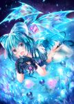  :d alternate_costume blue_eyes blue_hair blush candle cirno gloves heart ice ice_wings looking_at_viewer lying open_mouth shigaraki_(strobe_blue) short_hair smile solo thigh-highs thighhighs touhou water white_legwear wings 