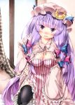  black_legwear blush bow breasts cleavage crescent hair_bow hat long_hair long_sleeves looking_at_viewer open_mouth patchouli_knowledge purple_eyes purple_hair solo sugiyuu sweatdrop thigh-highs thighhighs touhou violet_eyes 