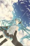  absurdres ahoge aqua_eyes aqua_hair bad_id cloud clouds detached_sleeves dutch_angle floating_hair hatsune_miku headset highres long_hair necktie skirt sky sleeves_past_wrists solo thigh-highs thighhighs twintails very_long_hair vocaloid 