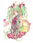  bouquet flower green_eyes green_hair hair_ribbon hatsune_miku long_hair ribbon simple_background skirt solo spicaboy traditional_media twintails very_long_hair vocaloid white_background wink 