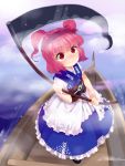  boat hair_bobbles hair_ornament highres nanarinca obi onozuka_komachi puffy_sleeves red_eyes red_hair redhead scythe short_hair short_sleeves smile solo touhou twintails weapon young 