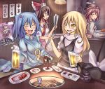  apron bare_shoulders beer black_hair blonde_hair blue_hair bow chopsticks cooking cup food grill hair_bobbles hair_bow hair_ornament hakurei_reimu hat hat_removed headwear_removed hijiri_byakuren kawashiro_nitori kirisame_marisa long_hair meat monikano mug multiple_girls mystia_lorelei pink_hair poster_(object) short_hair sitting teapot tongs touhou twintails 