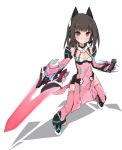  animal_ears ballistic_coat bare_shoulders black_hair blush brown_eyes cat_ears dress energy_sword energy_weapon fighting_stance headset highres long_hair looking_at_viewer matuken1027 no_nose nose_blush phantasy_star phantasy_star_online phantasy_star_online_2 simple_background smile solo standing sword thigh-highs thighhighs weapon white_background 