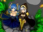  aleron aqua_hair ashe_(league_of_legends) bare_shoulders blonde_hair blue_eyes boots breasts cape cleavage gradient_hair highres hood kumiko_(aleron) large_breasts league_of_legends long_hair multicolored_hair multiple_girls open_mouth silver_hair sitting sona_buvelle twintails yellow_legwear 