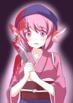  animal_ears be_(o-hoho) blood blood_on_hair bloody_clothes bloody_knife blush ear_piercing hat highres japanese_clothes kimono knife looking_at_viewer mystia_lorelei obi okamisty open_mouth piercing pink_eyes pink_hair ringed_eyes sash short_hair short_sleeves solo touhou wide_sleeves yandere yukata 
