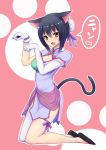  :d animal_ears black_hair blush breasts brown_eyes cat_ears cat_tail coupe50 gloves hair_bun looking_at_viewer open_mouth shaomei_rin shining_(series) shining_hearts short_hair single_elbow_glove single_glove single_thighhigh smile solo speech_bubble tail thigh-highs thighhighs white_legwear 