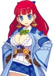  attouteki_yuugi_mugen_souls belt blue_dress blue_eyes breasts coat dress earrings gloves half_updo hands_on_hips harada_takehito jewelry long_hair marina_cannonvale official_art red_hair redhead skirt smile solo white_background 