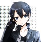  1boy black_eyes black_hair fingerless_gloves gloves kirito male short_hair smile sword_art_online tsukimori_usako 