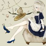 apron blue_dress blue_eyes braid chair cup dish dress fork glass gloves high_heels izayoi_sakuya knife lips maid maid_headdress number open_mouth pocket_watch shoe_dangle shoes short_hair short_sleeves silver_hair sitting solo touhou twin_braids watch yujup 