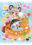  ahoge animal animal_ears blush bow candy capelet doughnut food fruit heart highres long_sleeves mouse mouse_ears mouse_tail nanarinca nazrin red_eyes short_hair silver_hair sitting solo star strawberry tail tongue touhou 
