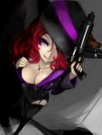  aleron alternate_costume boots breasts cleavage cross-laced_footwear down_blouse fedora from_above garter_straps gun hat highres jewelry kumiko_(aleron) lace-up_boots large_breasts league_of_legends licking_lips naughty_face necklace pistol red_hair redhead sarah_fortune solo thigh-highs thigh_boots thighhighs tongue vertical_stripes weapon 
