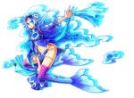  blue blue_eyes blue_hair facial_mark gem kyousaku mermaid monster_girl mygrimoire navel original sash short_hair smile solo tattoo vepar_(mygrimoire) water 