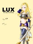  1girl armor blonde_hair blush boots breastplate breasts character_name english gloves headband highres league_of_legends long_hair luxanna_crownguard mahoy midriff navel pauldrons purple_eyes signature solo staff thigh-highs thighhighs vambraces violet_eyes 