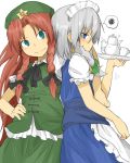  aqua_eyes blue_eyes braid brown_hair hand_on_hip hat holding hong_meiling izayoi_sakuya jza80 kettle long_hair looking_at_viewer maid maid_headdress multiple_girls silver_hair simple_background spoken_squiggle squiggle star touhou tray twin_braids white_background 