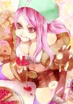  akizuki_hakuto breasts cleavage doughnut eating food full_mouth hat jewelry_bonney jewelry_bonnie lipstick long_hair makeup midriff mouth_full navel one_piece pie pink_eyes pink_hair shorts solo thigh-highs thighhighs 