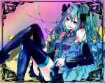  conomi-c5 detached_sleeves green_eyes green_hair hatsune_miku headset highres long_hair necktie open_mouth sitting skirt solo thigh-highs thighhighs vocaloid 
