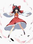  ascot black_eyes brown_hair detached_sleeves hair_tubes hakurei_reimu highres long_hair looking_at_viewer navel outstretched_arms ponytail saitom solo touhou wind 