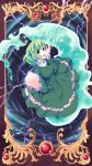  absurdres dress electricity ghost_tail green_dress green_eyes green_hair hat highres long_sleeves open_mouth short_hair sinchi soga_no_tojiko solo tail tate_eboshi tongue touhou 