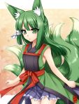  animal_ears fox_ears fox_tail green_eyes green_hair highres konshin long_hair multiple_tails original solo tail 