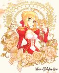  ahoge blonde_hair breasts character_name cleavage dress epaulettes fate/extra fate_(series) flower green_eyes hair_ribbon large_breasts ribbon rie_(kurapopon) rose saber_extra solo staff thorns vines 