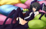  :p black_hair black_legwear blue_eyes breasts butter-t character_request copyright_request highres licking lying pillow thigh-highs thighhighs tongue trap twintails 