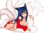  ahri animal_ears blue_hair breasts cleavage collarbone detached_sleeves facial_mark fox_ears fox_tail grin large_breasts league_of_legends long_hair lying multiple_tails on_side seductive_smile smile solo tail white_background yellow_eyes ymtoto 