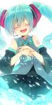 ^_^ aka_tonbo_(lililil) aqua_hair closed_eyes detached_sleeves eyes_closed hatsune_miku headset highres necktie open_mouth skirt solo twintails vocaloid 