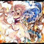  alternate_color azure_rathalos bare_shoulders blue_eyes blue_hair breasts capcom cleavage collar detached_sleeves hiding highres japanese_clothes large_breasts long_hair monster_hunter open_mouth personification pink_hair pink_rathian purple_eyes rathalos rathian spiked_collar spikes tail umitsuki violet_eyes 