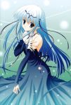  absurdres aquarian_age blue_hair breasts cleavage copyright_request dress elbow_gloves elf gloves green_eyes highres jewelry nanao_naru necklace pointy_ears 