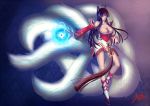  ahri animal_ears bare_shoulders black_hair braid breasts cleavage collarbone detached_sleeves energy_ball fingernails fox_ears fox_tail glowing large_breasts league_of_legends long_hair multiple_tails orb signature solo tail x85219960 yellow_eyes 