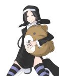  1girl bear_head black_eyes boots braid colored cross habit kneeling long_hair nun sai_(bankoru) shinatsuhiko_yae single_braid smile solo striped striped_legwear thigh-highs thighhighs yozakura_quartet 