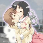  2girls aioi_yuuko android black_hair blood brown_hair closed_eyes gaketsu glowing hug injury kiss multiple_girls nichijou saliva school_uniform shinonome_nano short_hair tears winding_key yuri 