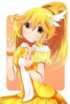  1girl blonde_hair bow breasts choker cure_peace double_v earrings hair_flaps highres jewelry kise_yayoi long_hair magical_girl medium_breasts ponytail precure ringo-girl skirt smile smile_precure! solo tears tiara v wrist_cuffs yellow_bow yellow_eyes yellow_skirt yellow_theme 