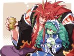  1girl dress drink frills green_hair green_skin horn kyousaku leviathan_(mygrimoire) long_hair maid_headdress mygrimoire on_lap original red_eyes red_hair redhead satan_(mygrimoire) sitting size_difference sweat 