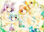  4girls :d animal_ears blonde_hair blue_hair bra braid breasts cat_ears cat_tail cleavage copyright_request fang long_hair multiple_girls open_mouth orange_hair original panties purple_eyes purple_hair rifle saeki_touma short_hair side-tie_panties smile tail underwear violet_eyes weapon white_bra white_panties 