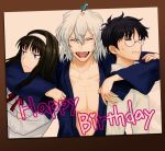  2boys black_hair blue_eyes brother_and_sister closed_eyes eyes_closed family fangs glasses hand_on_shoulder happy_birthday headband hug japanese_clothes kuroi long_hair multiple_boys photo_(object) siblings smile sweatdrop tohno_akiha toono_akiha toono_shiki toono_shiki_(2) tsukihime white_hair 