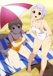  :o absurdres barefoot blue_eyes blush breasts brown_hair cleavage feet fnc_(upotte!!) highres kneeling l85a1_(upotte!!) legs multiple_girls nyantype official_art one-piece_swimsuit open_mouth parasol red_eyes short_hair silver_hair swimsuit takami_akio umbrella upotte!! 